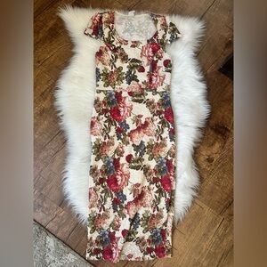 Windsor Floral Lace Midi Dress - Red, Green, Cream